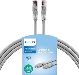 Philips Cat6 Ethernet Cable, Extra Long 25 Ft Cord, 10 Gbps, 250Mhz, Gold Plated RJ45M Connector, for Computer, Game Console, Cable/DSL Modem, Network Switch, Streaming Device, Gray, SWR3683GR/37