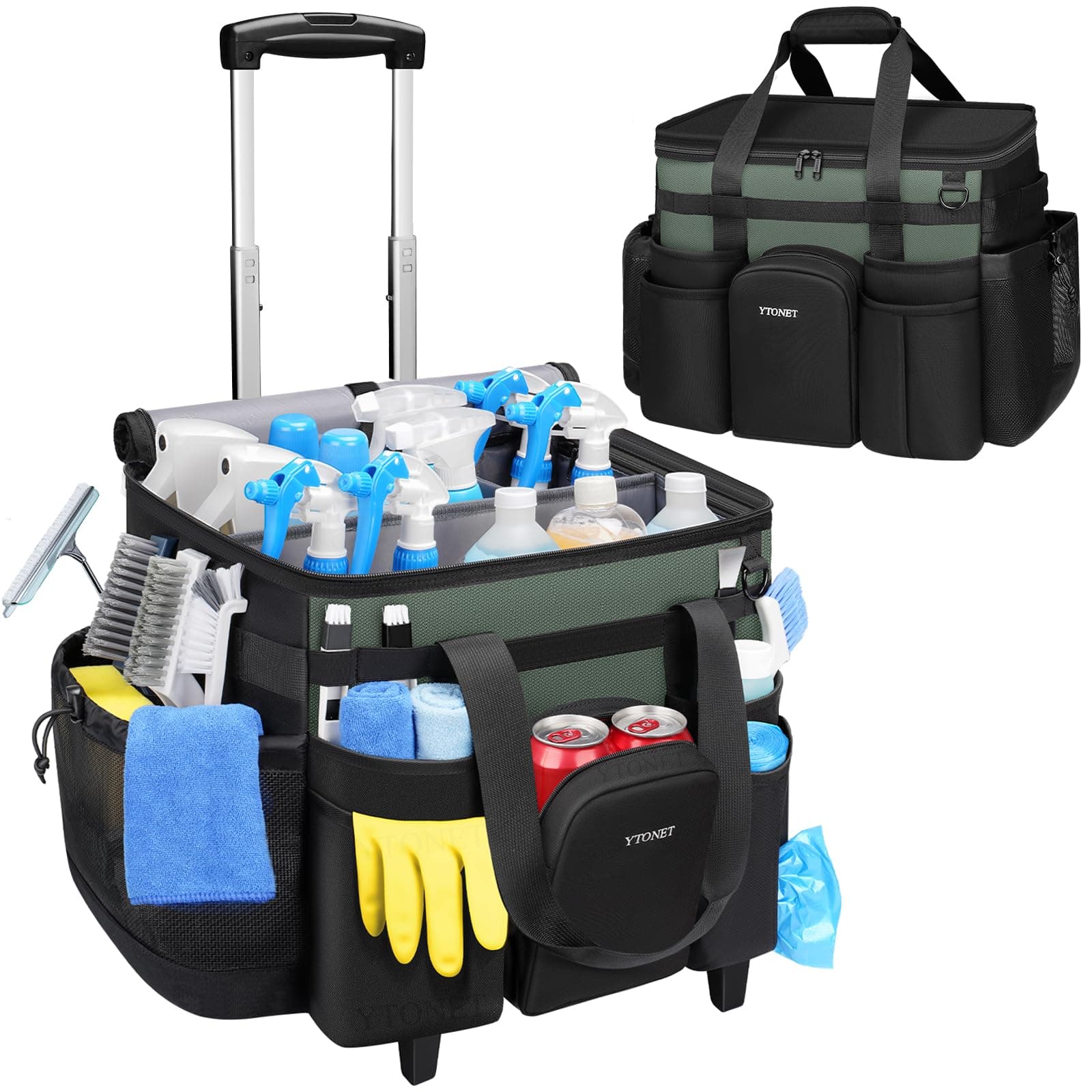 Ytonet Cleaning Caddy with Wheels, Extra Large Rolling Cleaning Caddy Bag with Detachable Trolley for Housekeepers, Water Resistant Cleaner Supplies Organizer with Wheels for Kitchen, Tool Organizer