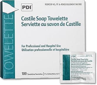 Castile Soap Towelette, 1 Box of 100 Individually Wrapped 7.7"x5" Wipes, Gentle Soap Cleansing Towelettes for Personal Hygiene, Hand & Facial Cleaning, Travel & Patient Care