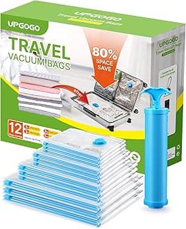 Vacuum Bags for Travel, 12 Pack with Hand Pump, Space Saver Vacuum Storage Bags, Travel Essentials, Clothes, Blankets, Pillows