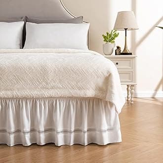 MIYE Wrap Around Ruffled Lace Bed Skirt, Elastic Dust Ruffle with Adjustable Belts, Easy to Put On, Bed Frame Cover, Machine Washable (Ruffled Lace/White, King/Queen-18 Drop)