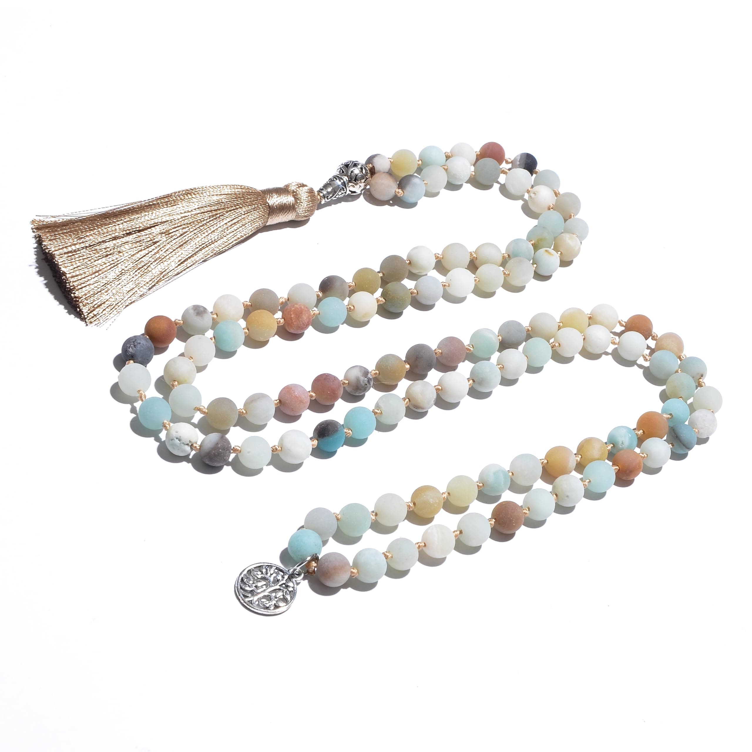 108 Mala Prayer Beads Necklace Natural Stones Meditation Yoga Jewery 108 Hand Knotted Japa Mala Beaded Long Tassel Necklace with Tree of Life Pendant for Men and Women