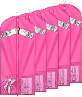 Univivi Garment Bags for Dance Costumes 54" Foldable (5 Pack) Dance Dress Bag with 2 Zipper Mesh Pockets and Clear Window,for Storage or Travel（Pink）