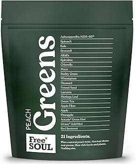 Free Soul Greens | 21 Advanced Greens, Superfoods, and Adaptogens Including KSM-66 Ashwagandha, Vegan & Gluten-Free, Advanced Natural Formula | UK Made | 30 Servings | Peach Flavour