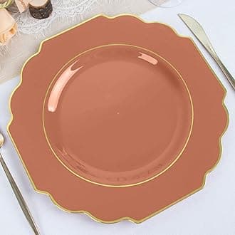 Efavormart 10 Pack | 11" Terracotta Hard Plastic Baroque Dinner Plates With Gold Rim, Heavy Duty Disposable Dinnerware