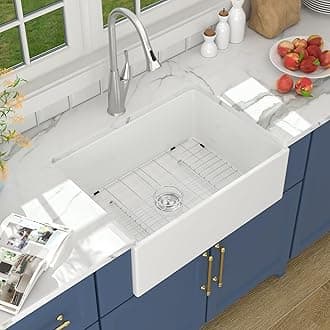Lordear 28 Inch White Farmhouse Kitchen Sinks Apron Front Flat Fireclay 28x20 Porcelain Ceramic Farmers Single Bowl Farmer Sink Farm Sinks Basin Farm House Sink 28x20x10 Inch