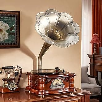 Wooden Vintage Gramophone Record Player Bluetooth, Retro Phonograph Vinyl Rec...