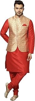 Uri and MacKenzie Men's Silk Blend Regular Kurta Churidar Pyjama with Bundi Nehru Jacket/Waistcoat