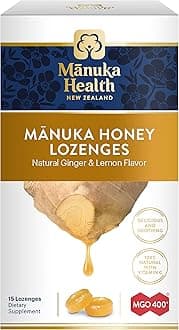 Manuka Honey Lozenges – 15 Lemon and Ginger Flavored Lozenges – Natural Throat Lozenges Infused with Raw Manuka Honey and Vitamin C for Immune Support