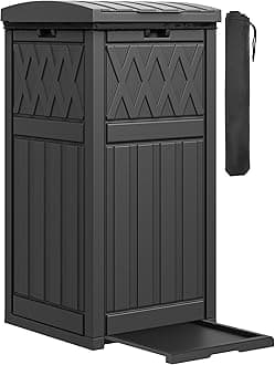 36-Gallon Outdoor Trash Can with Fabric Bag, Tiered Lid & Drip Tray, Waterproof Resin Garbage Bin for Patio, Deck, and Backyard, Black