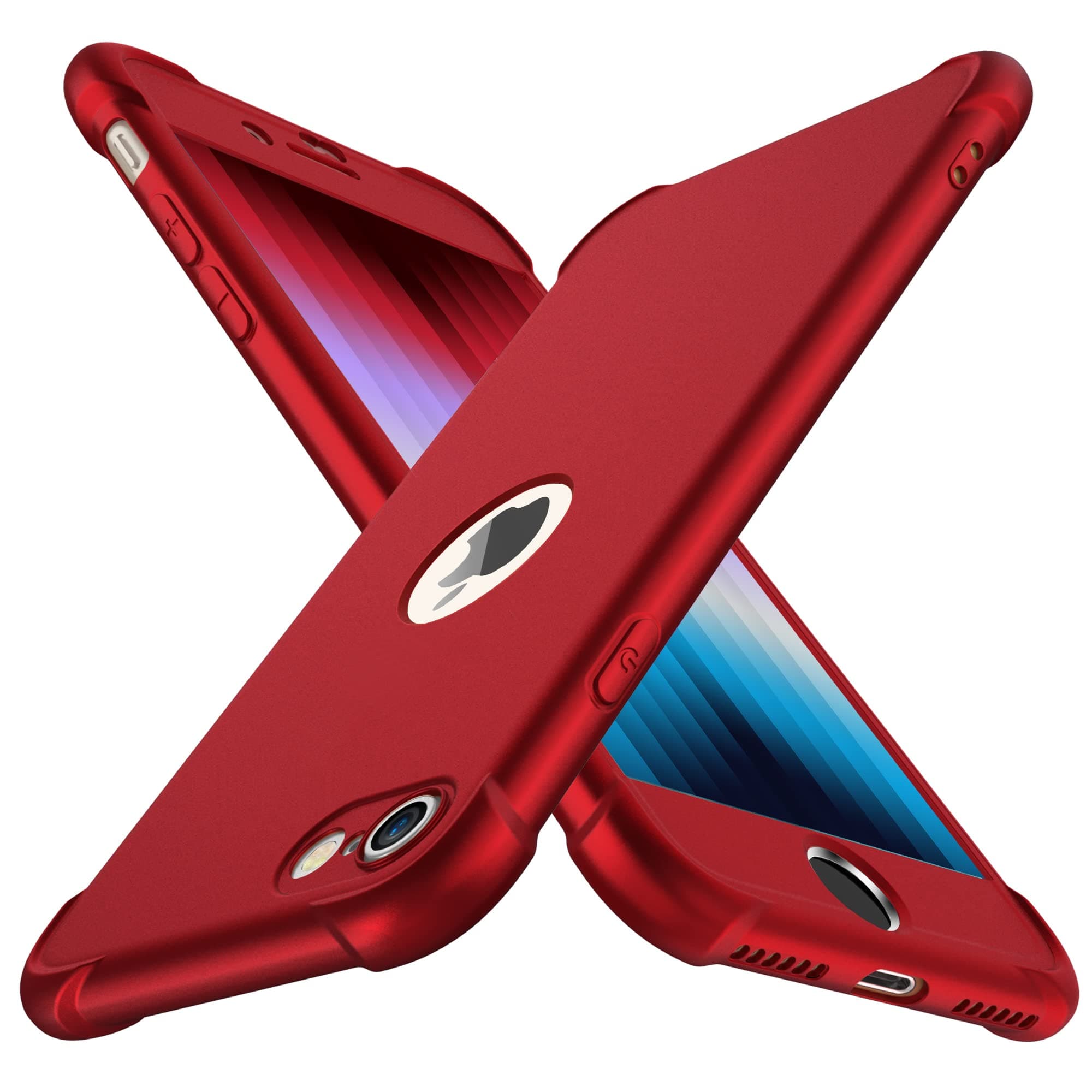 ORETECHDesigned for iPhone SE 2020 Case with[2 x Tempered Glass Screen Protector] 360° Full Body Protection Cover Hard PC Soft Rubber Silicone for iPhone SE 2nd Generation (2020)-4.7''- Red