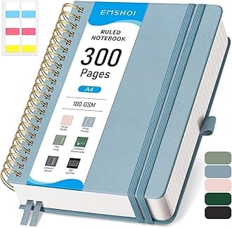 EMSHOI A4 Spiral Notebook College Ruled, Large 8.27"x11.2", Thick 300 Numbered Pages 100GSM Ink-Proof, Faux Leather Hardcover Lay-Flat Lined Journal for Work Office School Writing, Gray Blue