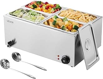 VEVOR 4-Pan Commercial Food Warmer, 15.9QT Electric Steam Table, 1200W Professional Countertop Stainless Steel Buffet Bain Marie with 86-185°F Temp Control for Catering and Restaurants, Silver