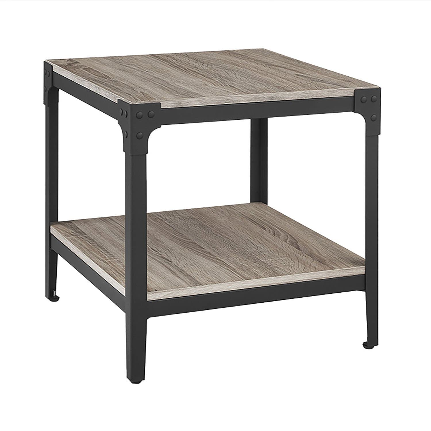 Walker Edison Declan Urban Industrial Iron Rustic Square Solid Wood Side End Coffee Accent Table, Set of 2, Driftwood
