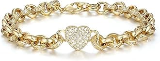 Gold Single Heart Charm Belcher Bracelet with Stones, 7-Inch, PVD Gold Plated – Bling King London