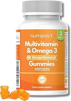 Nutripact Kids Multivitamin & Omega 3 Gummies | Ages 2+ | 30 Orange Flavour Chewable Sugar Free Gummies | with Vitamins A, B C, D, E, | DHA & EPA | Supports Immunity, Brain, Energy, Vision & Growth