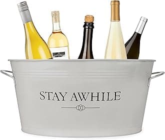 Twine 7851 Stay Awhile White Painted Galvanized Bucket & Metal Beverage Ice Barrel Tub for Parties in 6.3-Gallon Capacity, Gray