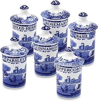 Blue Italian Spice Jars | Set of 6 | Beautiful and Functional Kitchen Décor | Made of Fine Porcelain | 4 Inch Seasoning Storage Jars | Dishwasher Safe