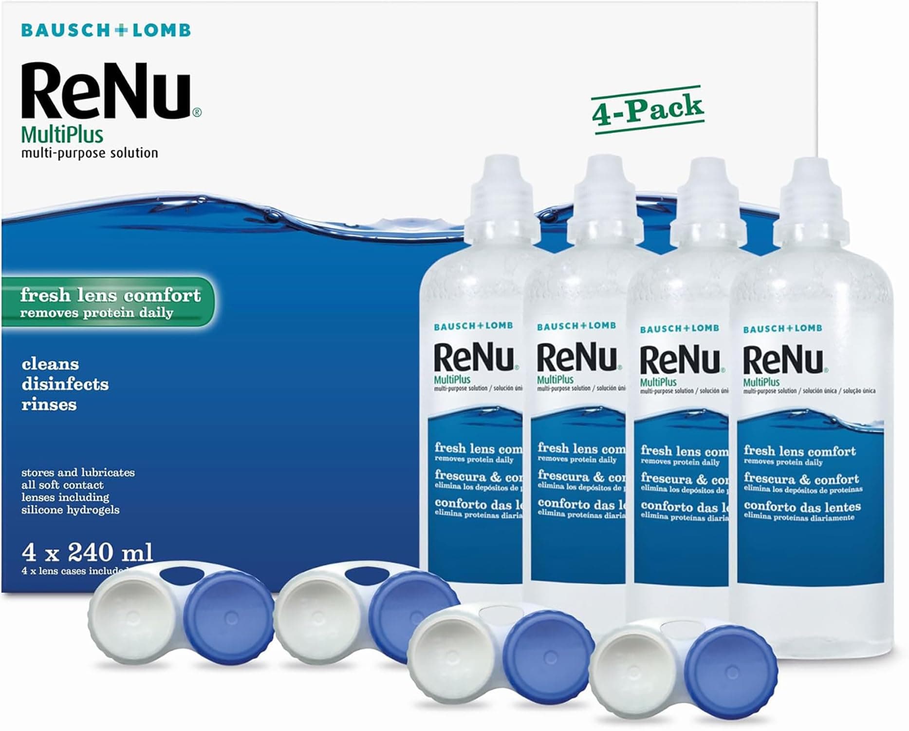 ReNu MultiPlus Multi-Purpose Contact Lens Solution, 4 x 240 ml for Soft Contact Lenses, Moisturise, Remove Protein, Clean, Disinfect, Lubricate, Rinse and Store Your Lenses, Lens Case Included