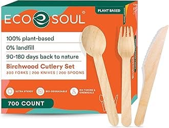 ECO SOUL 100% Compostable Cutlery [700-Pack] Disposable Wooden Cutlery Set I 100% Natural, Sturdy, Eco-friendly, Utensils Set I Biodegradable (300 Fork,200 Spoon, 200 Knife)