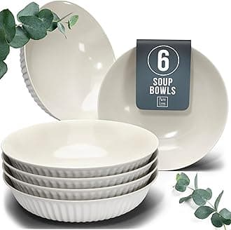 Stylish Soup Plate Set Hygge Series - Premium Stoneware, Scratch Resistant, Dishwasher and Microwave Safe - Stylish Deep Plate Set for 6, Large Deep Pasta Plates - Grooved Deep Plates in Light Grey