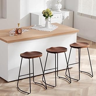 HeuGah Bar Stools Set of 3, Solid Wood Counter Height Bar Stools 26 Inch Barstool Chair for Kitchen Island Rustic Saddle Seat Backless Stools with Metal Leg (Walnut, 3 PCS 26Inch Counter Stools)