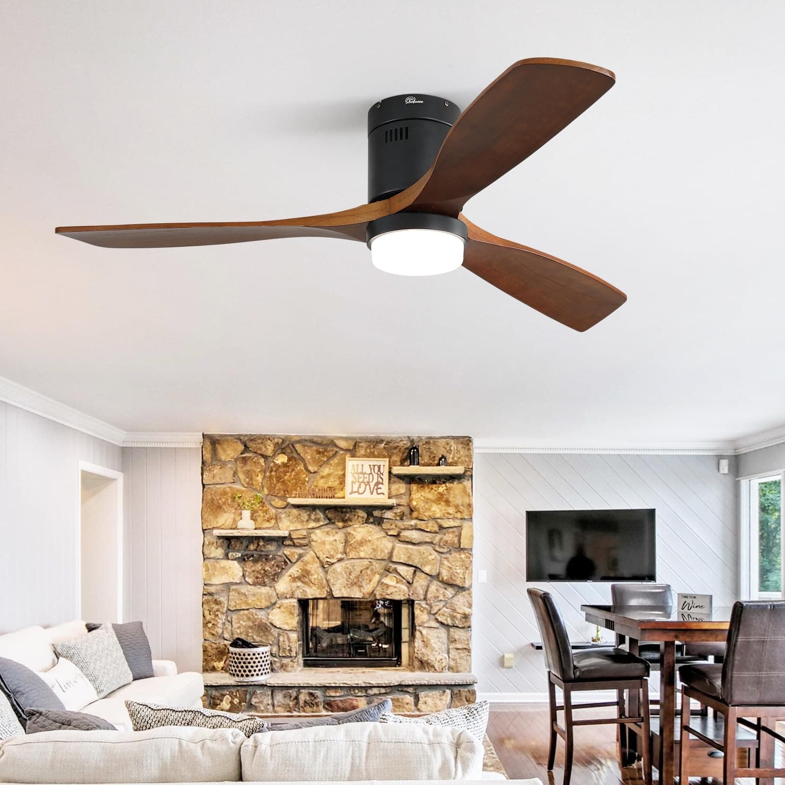- Sofucor 52 Inch Ceiling Fans with Lights, Flush Mount Ceiling Fan with Lights Remote Control, Indoor/Outdoor Ceiling Fan Light, Reversible DC Motor, 3 Blade Solid Wood Ceiling Fans for Bedroom Patio
