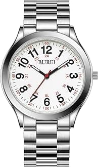 BUREI Men's Wrist Watch Military Time Easy Read Dial, 24 Hour with Second Hand, Stainless Steel Band.