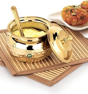 Maru Premium 300Ml Hammered Design Brass Ghee Pot With Lid & Spoon –Perfect For Ghee, Oils, And Kitchen Storage – Durable Container Kitchen, Stylish Ritual Use