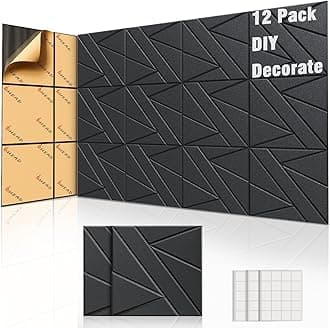 12 Pack Self-Adhesive Soundproof Wall Panels, 12 x 12 x 0.4 in Sound Proof Foam Panels for Walls, 0.8lb/ft³ High Density, Thicker 0.4in, Acoustic Panels, Noise Dampening Panels for Studio Black