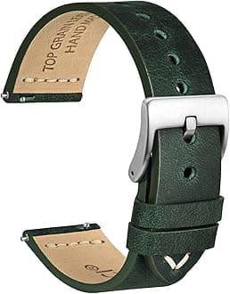 WOCCI 18mm Old-fashioned Watch Band for Men, Top Grain Leather, Silver Brushed Buckle (Army Green)