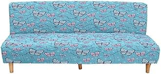 Mateju Armless Sofa Bed Cover, Butterfly Pattern Folding Sofa Bed without Armrests, Non Slip Stretch Futon Slipcover Protector for 2-3 Seater, Washable Couch Bed Slipcovers (blue,120-150cm)