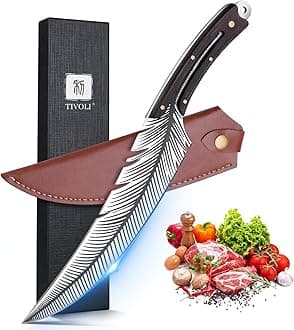 TIVOLI Feather Knife, 8.26-Inch Carving Boning knife with Sheath Hand Forged Full Tang Knife High Carbon Steel Kitchen Cooking Fillet Knife Viking Brisket Knife for Outdoor Camping BBQ