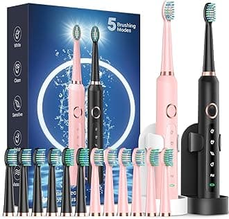 2 Pack Electric Toothbrush for Adults - 2 Rechargeable Electric Toothbrushes with 12 Brush Heads & 2 Travel Case, Power Electric Toothbrush with Holder, 3 Hrs Charge for 120 Days - Black+Pink