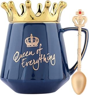 NYRWANA Coffee Mug, Gift for Woman, Birthday Present for Girlfriend, Wife Gift for Anniversary, Queen of Everything Mug with Golden Crown & Spoon (350ml-Blue)