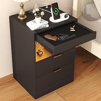 Yusong Night Stand with Gun Drawer & Invisible Lock, Bedside Table, LED Nightstand with Charging Station, Modern Night Stand, Wood Sofa Couch End Side Table with 2 Pull-Out Shelf, Black