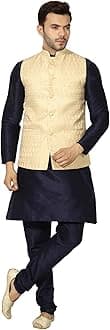 Uri and MacKenzie Men's Silk Blend Regular Kurta Churidar Pyjama with Bundi Nehru Jacket/Waistcoat