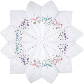 Selected Hanky Women's Cotton Handkerchiefs Flower Embroidered with Lace, Ladies Hankies 12 Pcs - Assorted