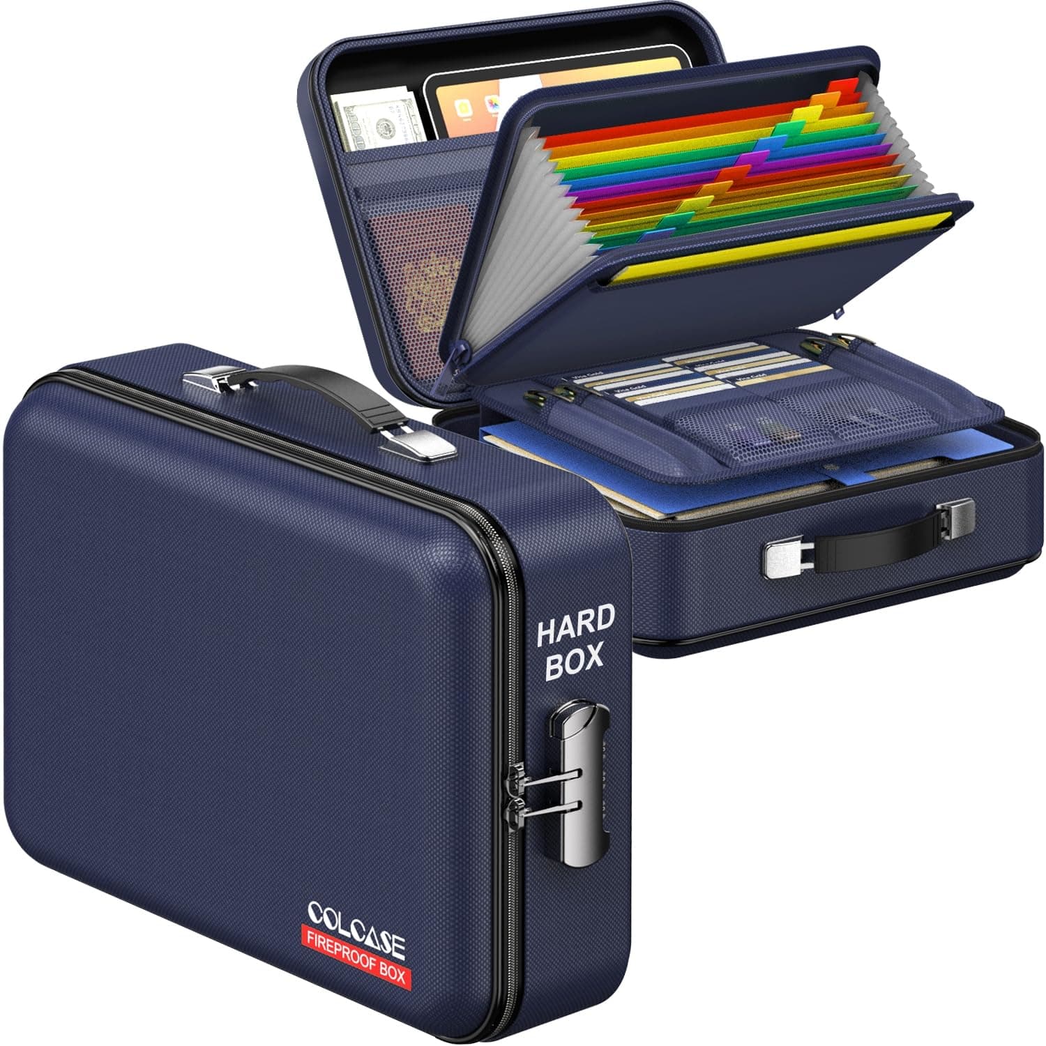 Fireproof File Box, Hard Case Fireproof Box with Lock Hard-Shell Design Fireproof Water Resistant Safe Box Document Organizer for Important Documents Certificates Laptop Passports Blue