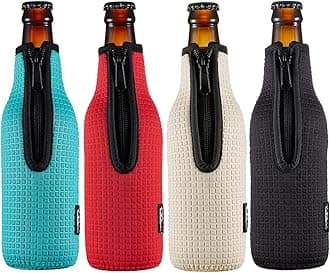 Beer Bottle Sleeve Insulators 12oz 330ml Standard Beer Bottle Cooler Covers Zip-up Bottle Jacket 12OZ Beer Bottle Holder Non-slip Thick Neoprene Sleeves 4PC Pack (Black/Red/Blue/Grey)