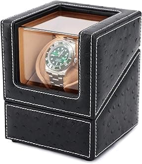 DRIKLUX Automatic Single Watch Winder for Rolex and Other Luxury Watches - Automatic Winder with Quiet Motor, Premium Black Ostrich Leather Exterior and Soft Flexible Watch Pillows of Camel Velvet