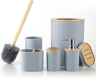 Fun Memories Bathroom Accessories Set 6 Pieces Bath Ensemble Includes Toothbrush Holder, Soap Dispenser, Toothbrush Cup, Soap Dish for Decorative Countertop and Housewarming Gift, Grey