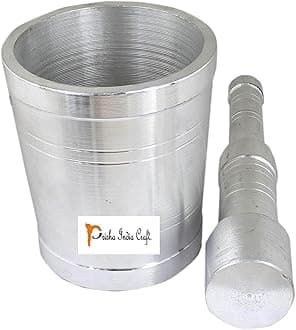Prisha India Craft ® Heavy Gauge Aluminium Mortar and Pestle or Khal Dasta Ural Set, Aluminium Kitchen khalbatta Okhli Masher Gift Item