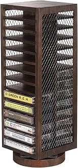 FARM IN Cassette Tape Storage, 360-Degree Rotatable Design Farmhouse Style Cassette Rack Tower, Double-Sided 28-Slot, Rustic Solid Burnt Wood & Diamond Metal Wire Mesh