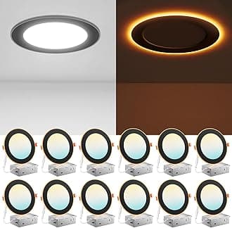 12 Pack Black 6 Inch 5CCT LED Recessed Ceiling Light with Night Light, 2700K/3000K/3500K/4000K/5000K Selectable Ultra-Thin Lighting, 12W=110W, 1100LM, Dimmable Canless Wafer Downlight - ETL&FCC