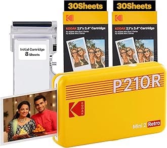 KODAK Mini 2 Retro 4PASS Portable Photo Printer (2.1x3.4 inches) + 68 Sheets Bundle, Yellow