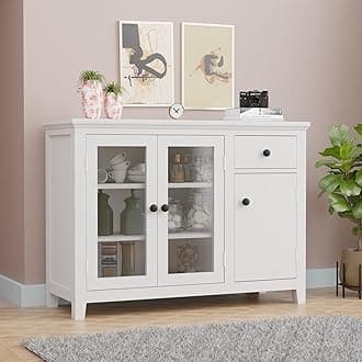 Solid Wood Sideboard Cabinet for Living Room | Wooden Crockery Cabinet with 2 Acrylic Glass Doors, 1 Door & 1 Drawer | Kitchen Display Unit | White Finish