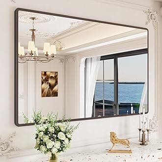 New Upgrade 55X36 Inch Wall Mounted Bathroom Mirror, Black Metal Frame Rounded Rectangle Mirror, Bathroom Vanity Mirror with Tempered Glass for Washroom Bedroom Living Room
