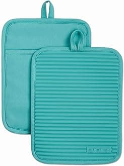 KitchenAid Ribbed Soft Silicone Water Resistant Pot Holder Set, Aqua Sky, 2 Piece Set