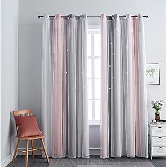 FANLI Ombre Rainbow Blackout Curtains for Kid Girls Bedroom Living Room Darking Stripe Double Layer Star Cut Out Wall Home Decor Gradient Grommet Window Curtains (Pink/Grey, 52W x 72L)